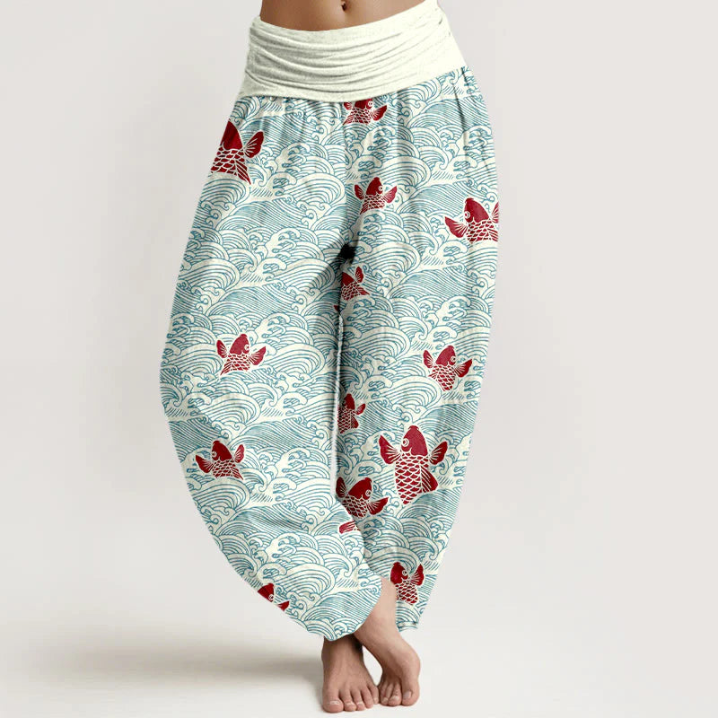 Buddha Stones Print Koi Fishes Waves Pattern Women's Elastic Waist Harem Pure Cotton Pants