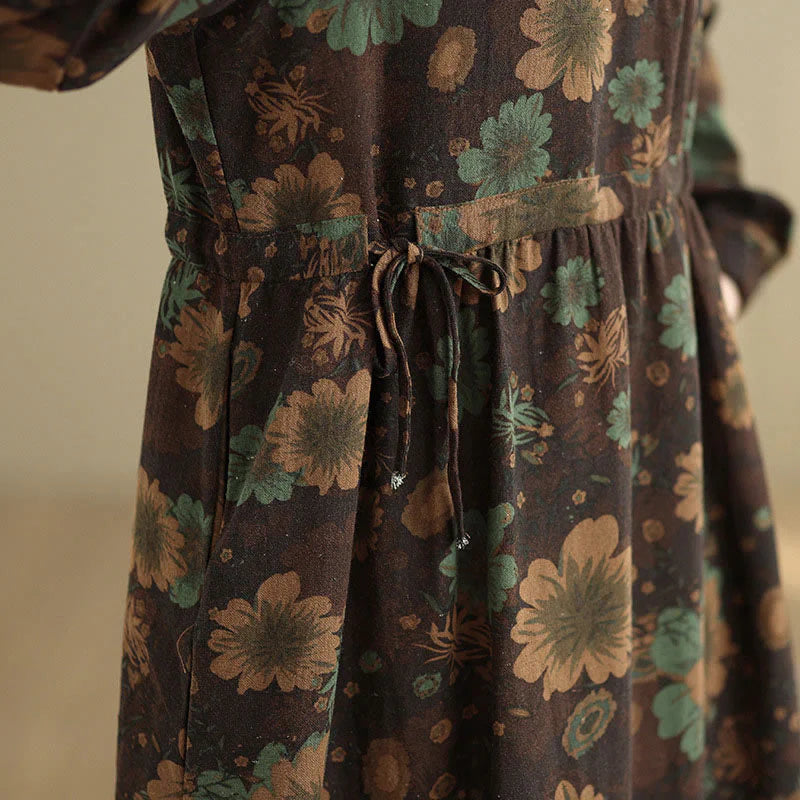 Buddha Stones Flower Pattern Long Sleeve Cotton Midi Dress With Pockets