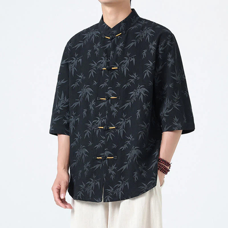 Buddha Stones Summer Bamboo Leaves Pattern Chinese Frog-Button Cotton Linen Short Sleeve Men's Shirt
