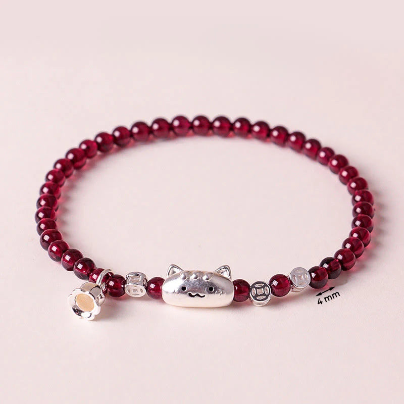 Buddha Stones 999 Sterling Silver Natural Cute Cat Head Garnet Protection Bead Bracelet