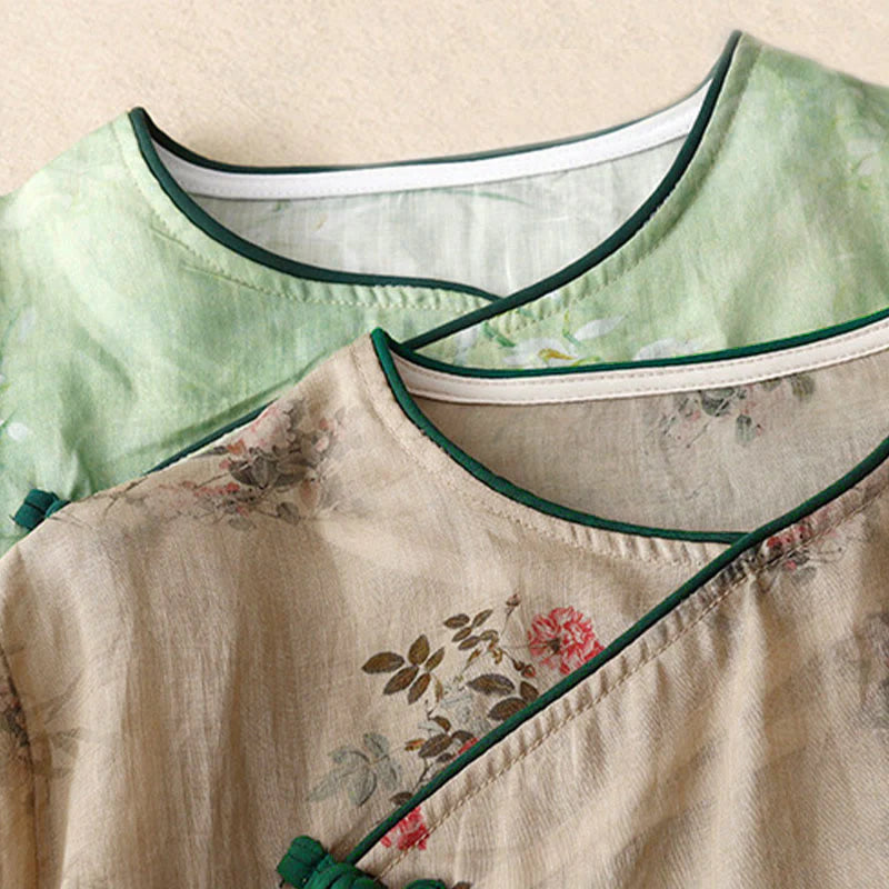 Buddha Stones White Orchid Red Flowers Frog-Button Design Three Quarter Sleeve Women's Shirt