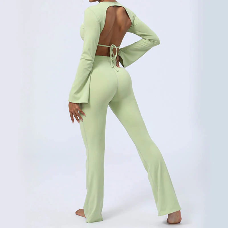 Buddha Stones Long Sleeve Backless Strap Top Bra Flare Pants Fitness Yoga Outfit