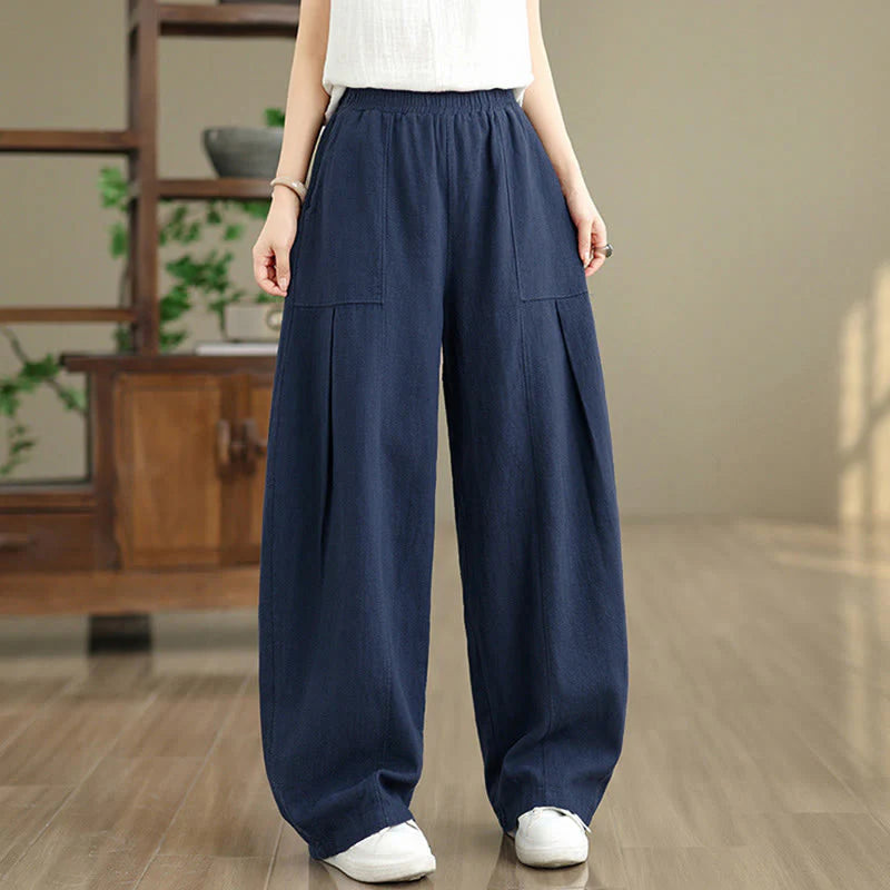 Buddha Stones Solid Color Cotton Linen Women's Straight Leg Pants With Pockets