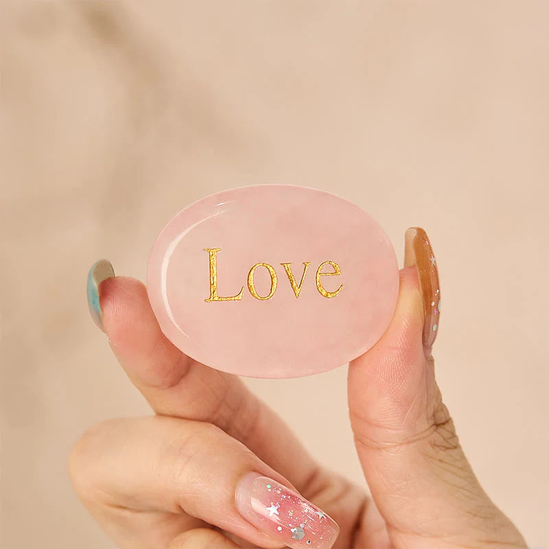 Buddha Stones LOVE Engraved Natural Rose Quartz Palm Stone Healing Crystal Decor