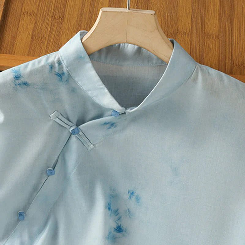 Buddha Stones Light Blue Frog-Button Sleeveless Women's Shirt