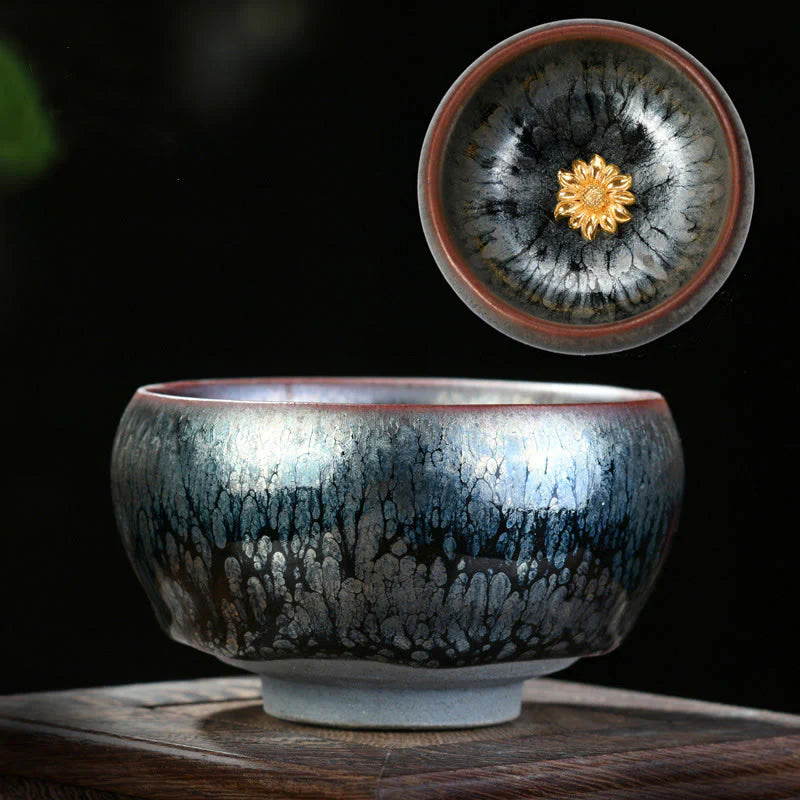 Buddha Stones 24K Gold Inlaid Sunflower Chinese Jianzhan Glaze Kiln Change Ceramic Teacup Tenmoku Kung Fu Tea Cup (Extra 35% Off | USE CODE: FS35)