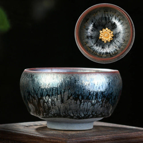 Buddha Stones 24K Gold Inlaid Sunflower Chinese Jianzhan Glaze Kiln Change Ceramic Teacup Tenmoku Kung Fu Tea Cup (Extra 35% Off | USE CODE: FS35)