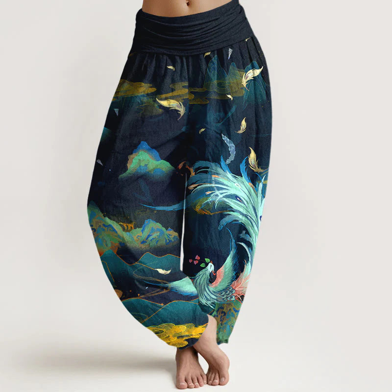 Buddha Stones Pure Cotton Gorgeous Phoenix Mountain Cloud Pattern Women's Elastic Waist Harem Pants