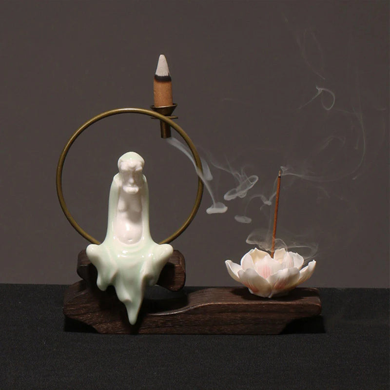 Buddha Stones Ceramic Lotus Healing Meditation Incense Burner Decoration