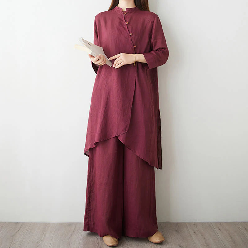 Buddha Stones 2Pcs Three Quarter Sleeve Shirt Top Pants Meditation Zen Tai Chi Cotton Linen Clothing Women's Set