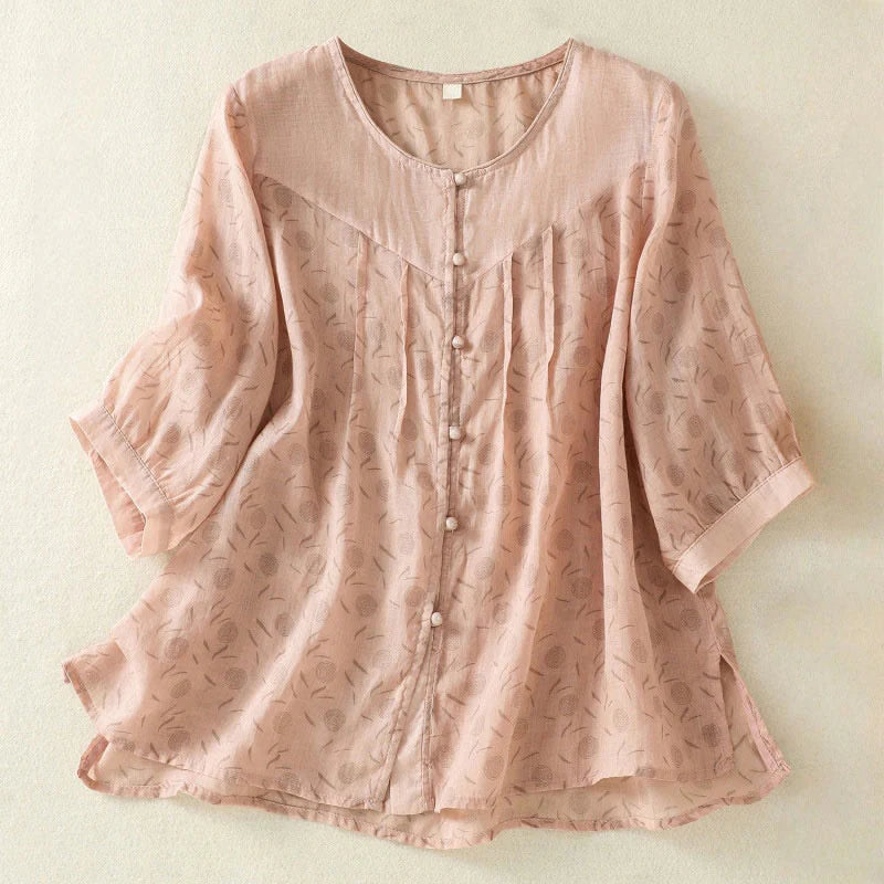 Buddha Stones Printing Floral Buttons Color Contrast Half Sleeve Women's Shirt