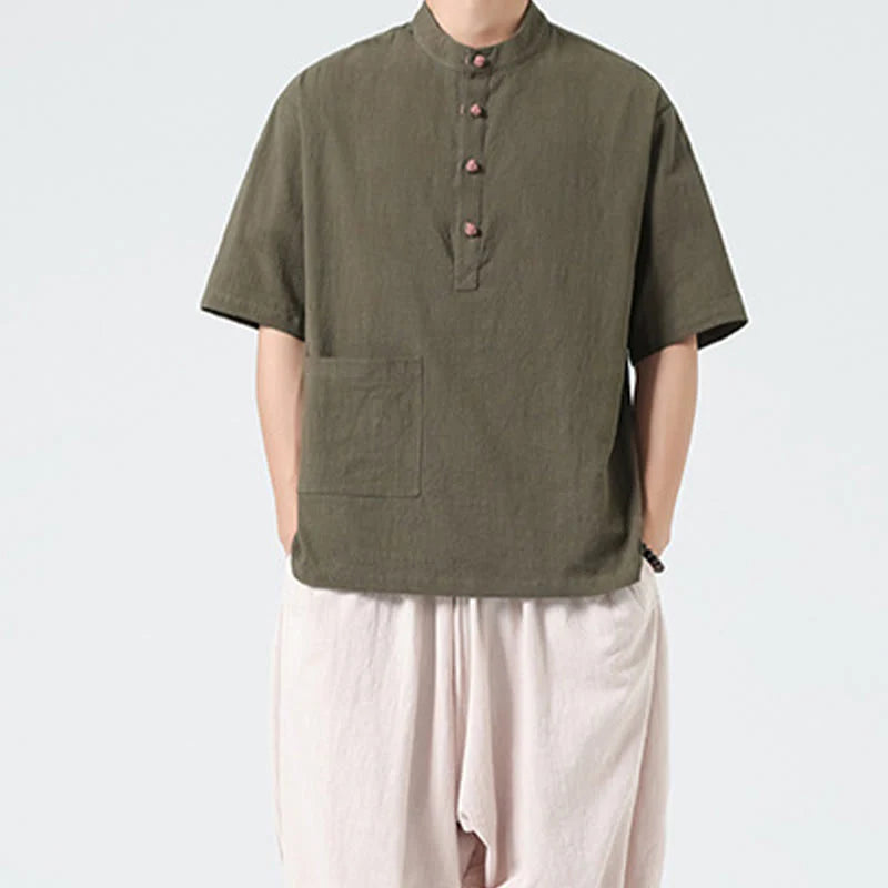 Buddha Stones Casual Half Frog-Button Design Stand Collar Tang Suit Men's Half Sleeve Cotton Shirt With Pocket