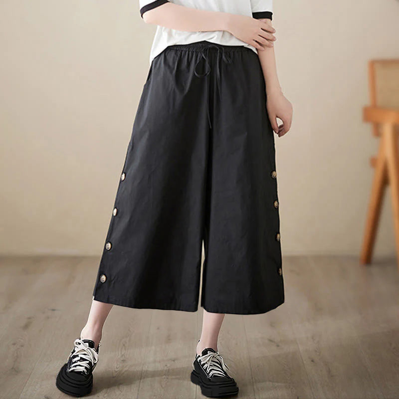 Buddha Stones Plain Buttoned Side Design Capri Cropped Women's Wide Leg Pants With Pockets