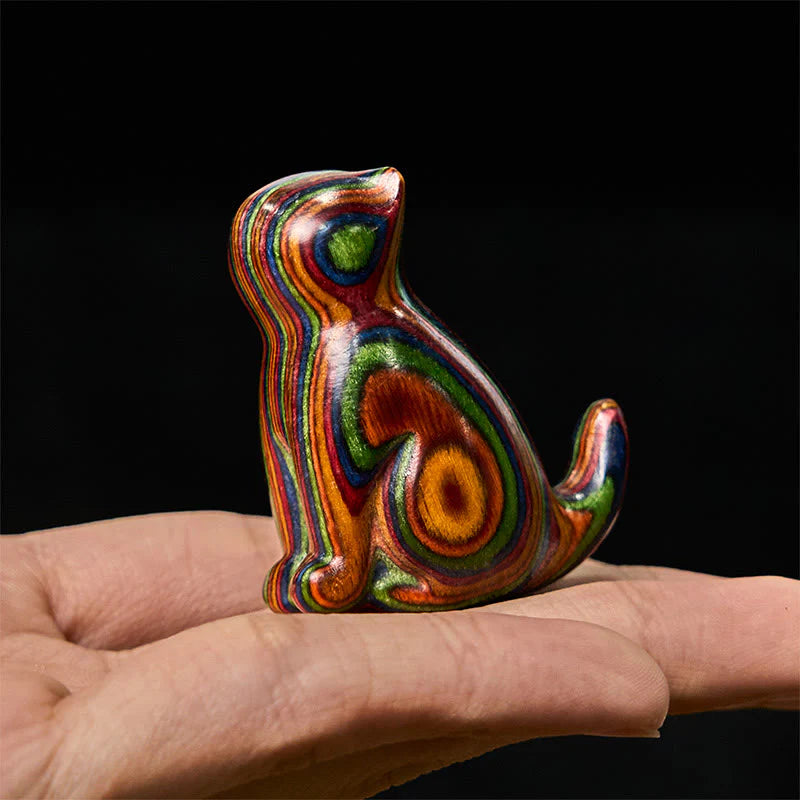 Buddha Stones 2Pcs Mini Rainbow Eucalyptus Sitting Cat Carved Reduce Stress Decoration