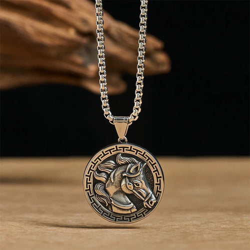 Buddha Stones Year Of The Horse Titanium Steel Balance Necklace Pendants