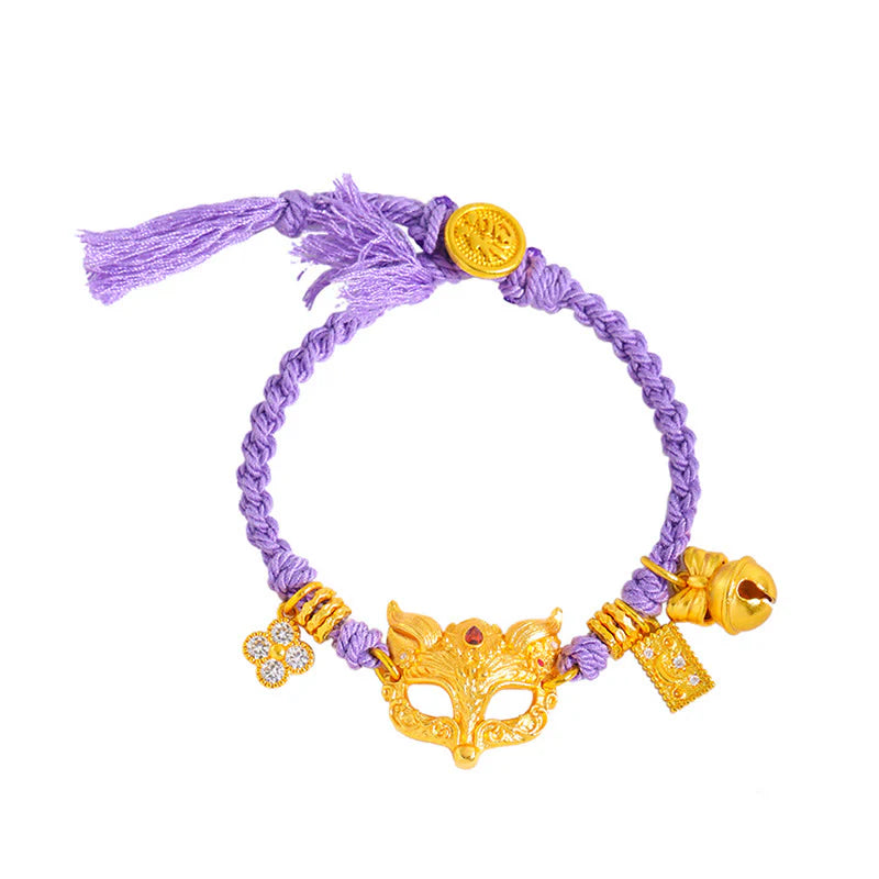 Buddha Stones 24k Gold Plated Brass Fox Bell Charm Fu Character Woven Purple String Luck Bracelet