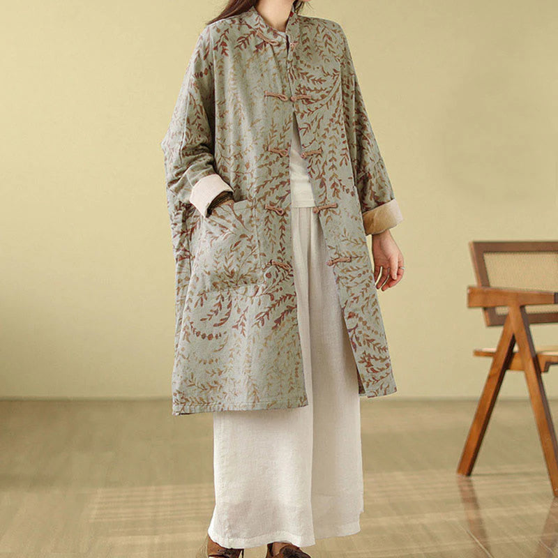Buddha Stones Frog-button Vine Leaves Women's Coat With Pockets