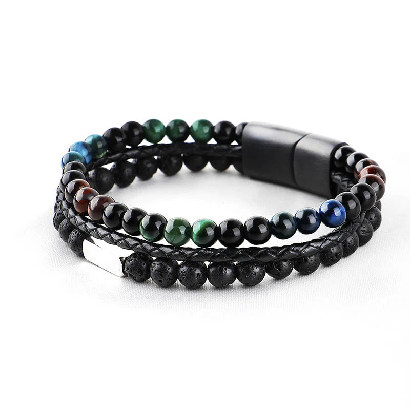 Buddha Stones Tiger Eye Lava Rock Bead Braided Strength Leather Bracelet