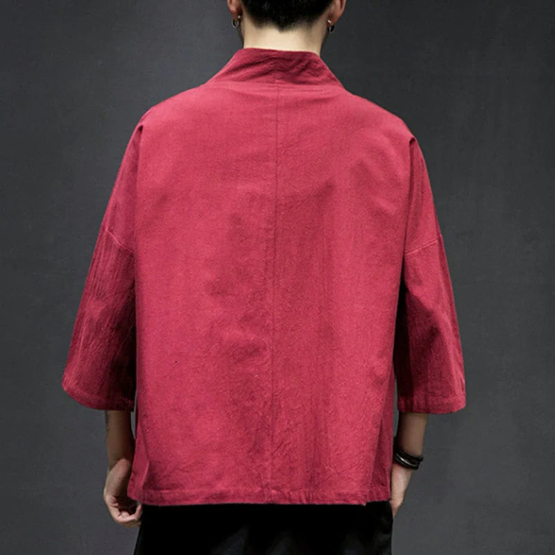 Buddha Stones Embroidery Open Front Jacket Cotton Linen Men's Three Quarter Sleeve Kimono