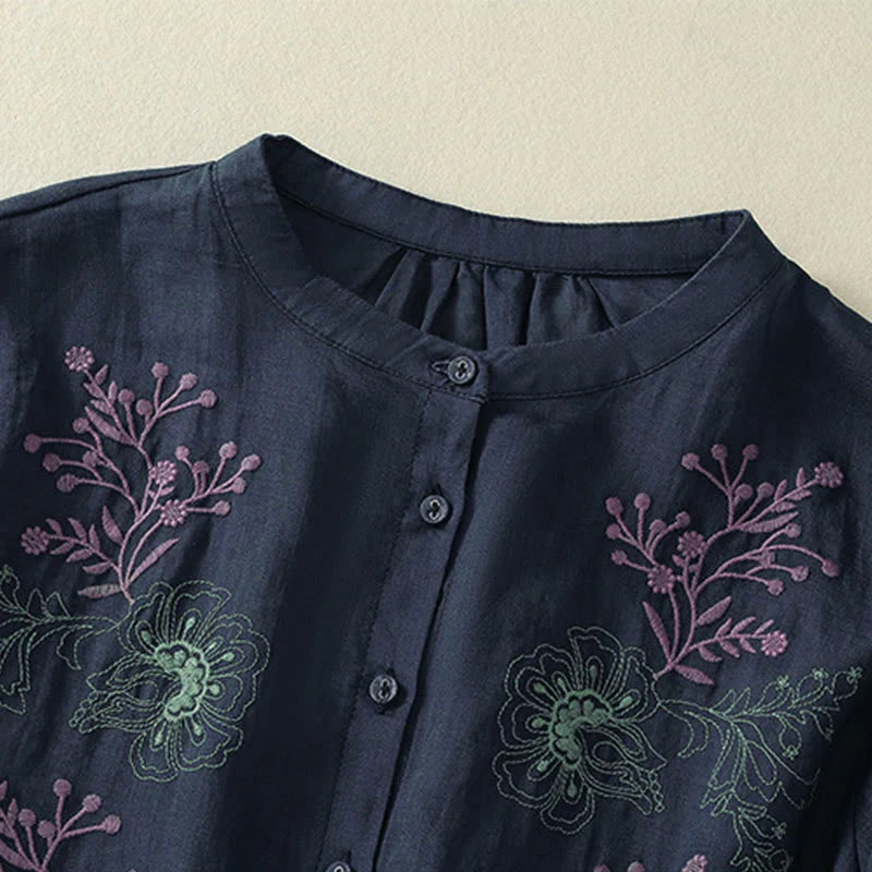 Buddha Stones Embroidery Pleated Design Stand Collar Three Quarter Sleeve Side Slit Hem Women's Cotton Shirt