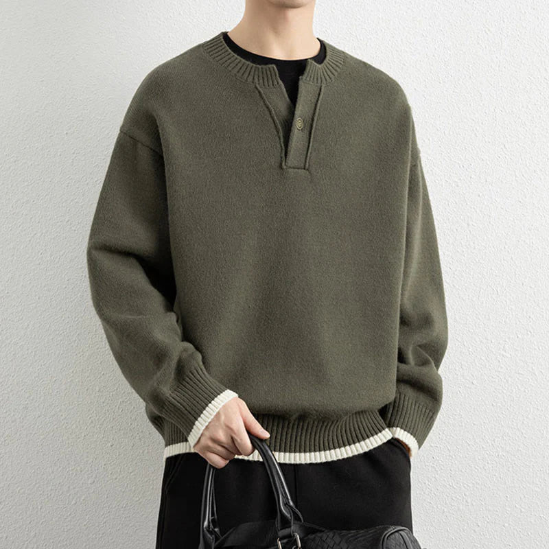 Buddha Stones Winter V-Neck One Button Design Warm Men's Long Sleeve Knitted Sweater