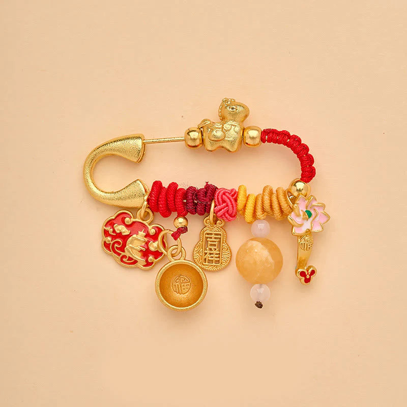 Buddha Stones Year Of The Horse Fu Character Lotus Attract Fortune Ruyi Handle Peace Buckle Luck Brooch