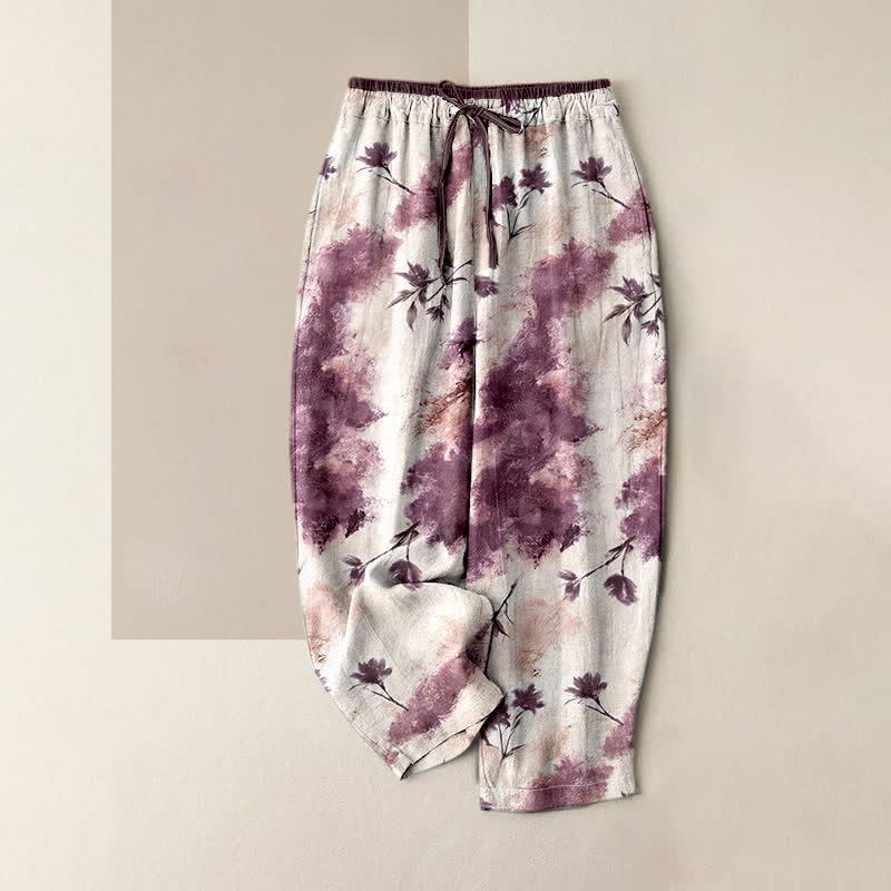 Buddha Stones Ink Wash Painting Floral Elastic Drawstring Women's Pure Cotton Pants With Pockets