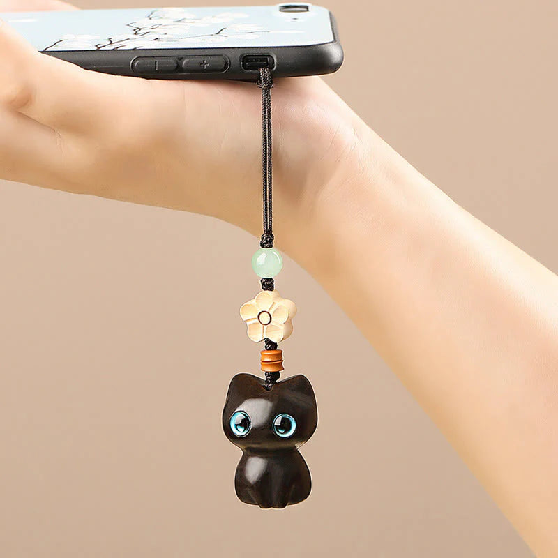 Buddha Stones Mini Small Leaf Red Sandalwood Ebony Wood Lucky Cat Lovely Kitty Peace Key Chain Phone Hanging Decoration