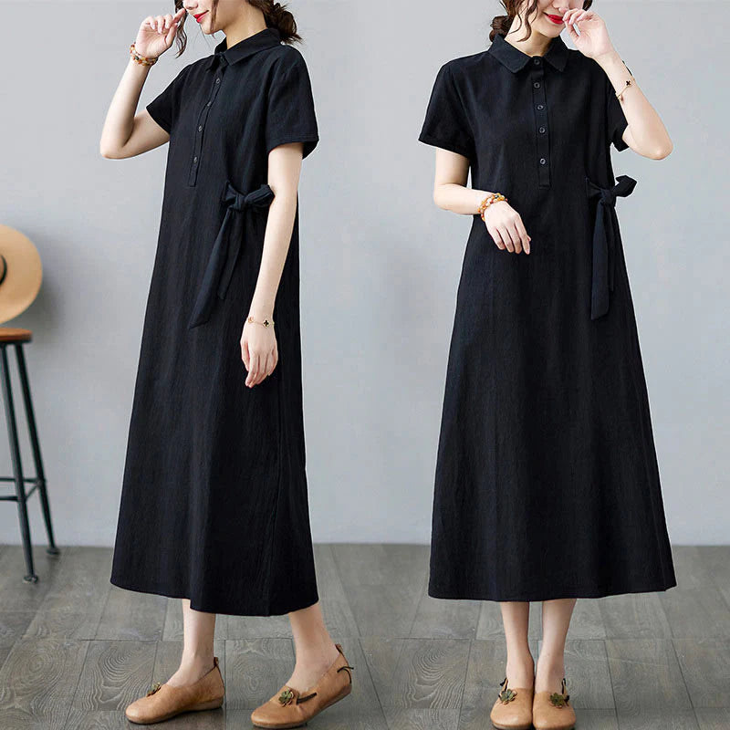 Buddha Stones Casual Plain Side Lace-Up Lapel Short Sleeve Cotton Linen Midi Dress With Pockets