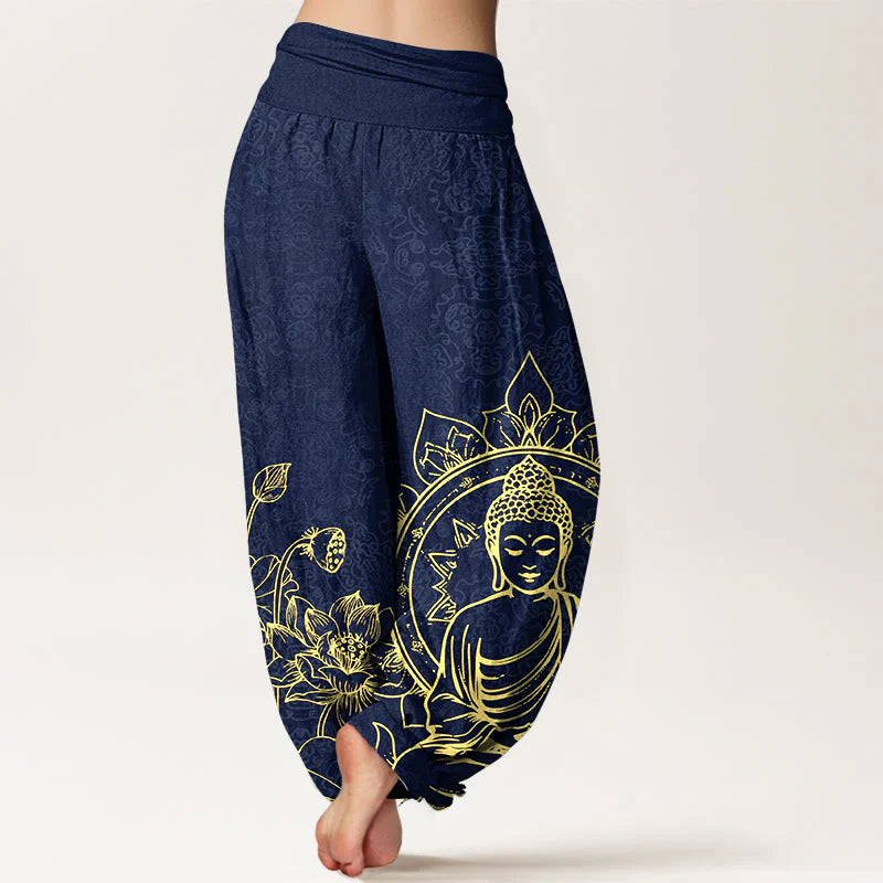 Buddha Stones Pure Cotton Classical Lotus Flower Seedpod Leaf Buddha Pattern Women's Elastic Waist Harem Pants