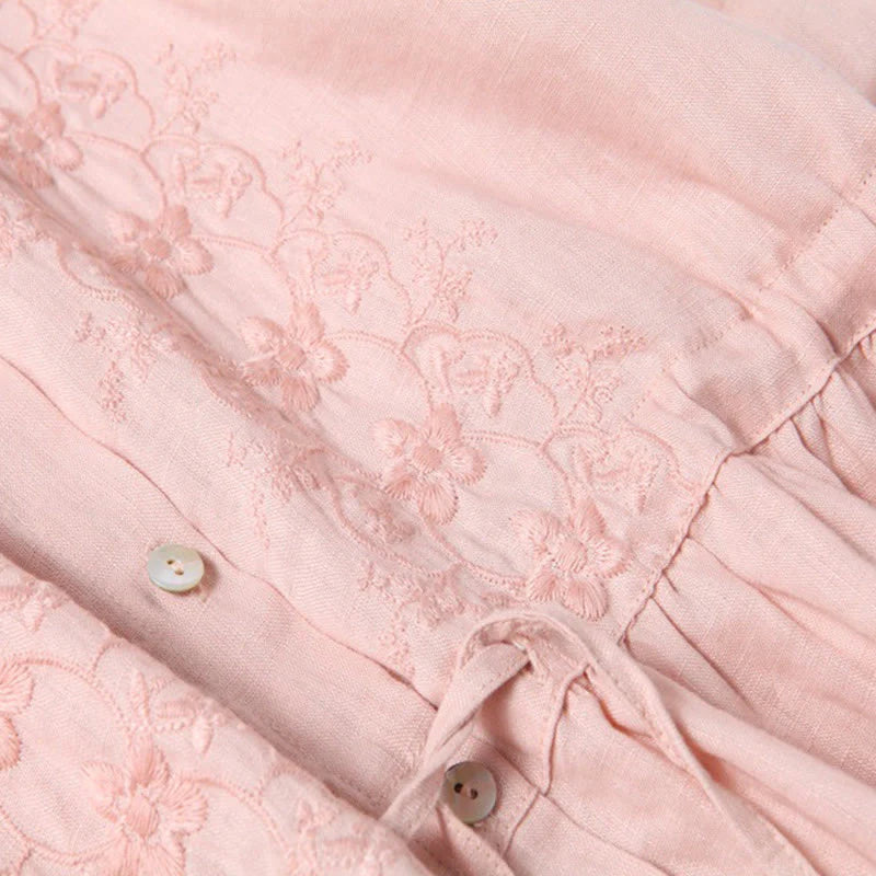 Buddha Stones Fall Embroidery Button Design Cotton Linen Long Sleeve Midi Dress With Pockets