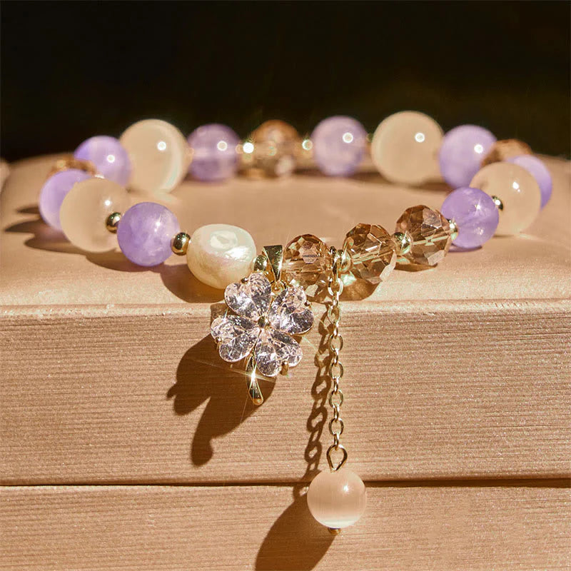 Buddha Stones Four Leaf Clover Amethyst Citrine Green Strawberry Quartz Rutilated Quartz Balance Bracelet