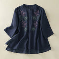 Buddha Stones Embroidery Pleated Design Stand Collar Three Quarter Sleeve Side Slit Hem Women's Cotton Shirt