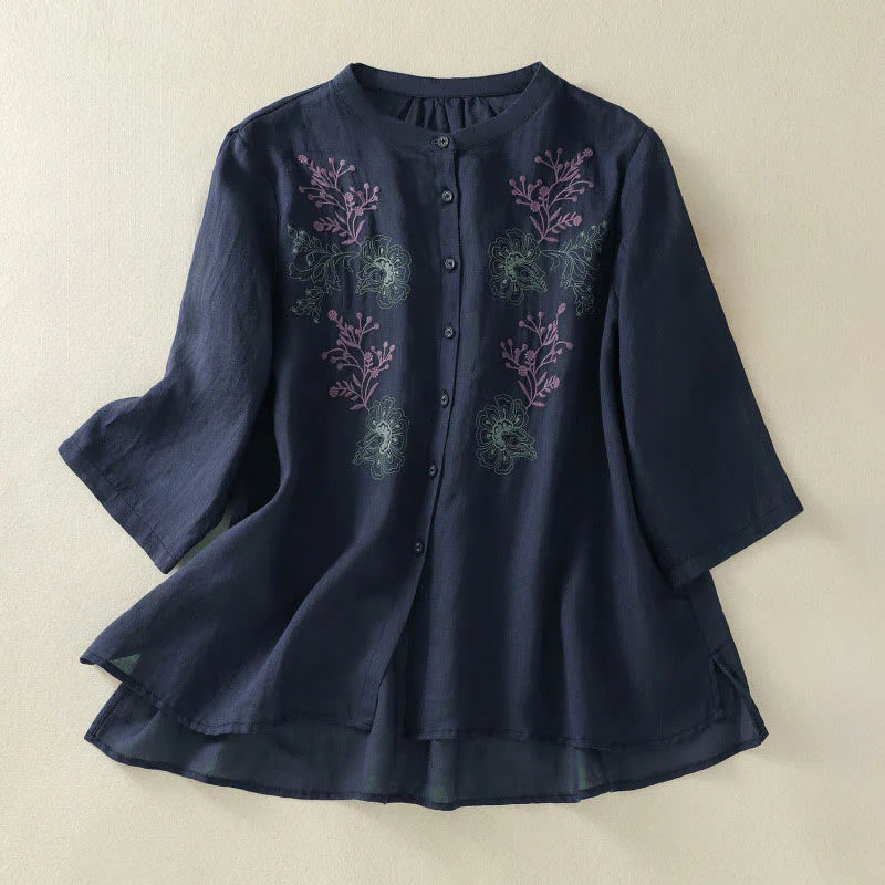 Buddha Stones Embroidery Pleated Design Stand Collar Three Quarter Sleeve Side Slit Hem Women's Cotton Shirt