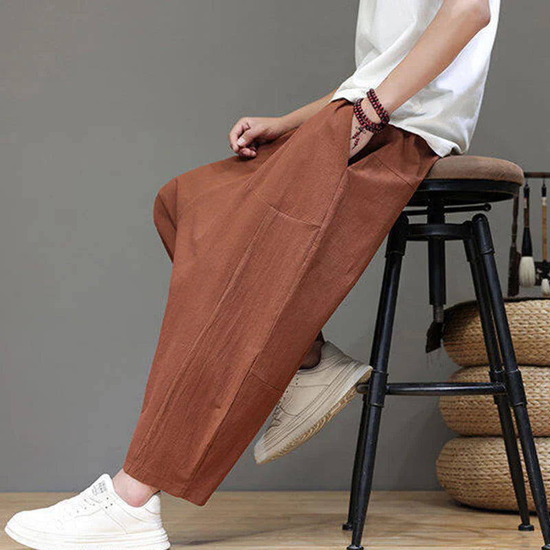 Buddha Stones Casual Plain Low Crotch Design Drawstring Men's Cotton Elastic Waistband Wide Leg Pants With Pockets