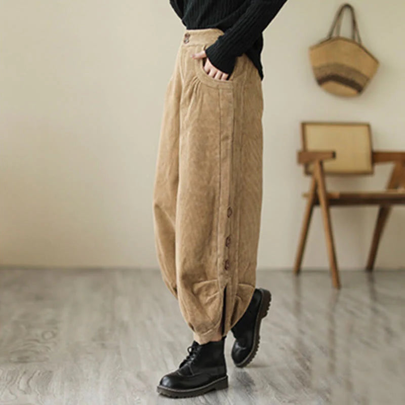 Buddha Stones Casual Buttons Leg Opening Design Women's Cotton Corduroy Pants With Pockets
