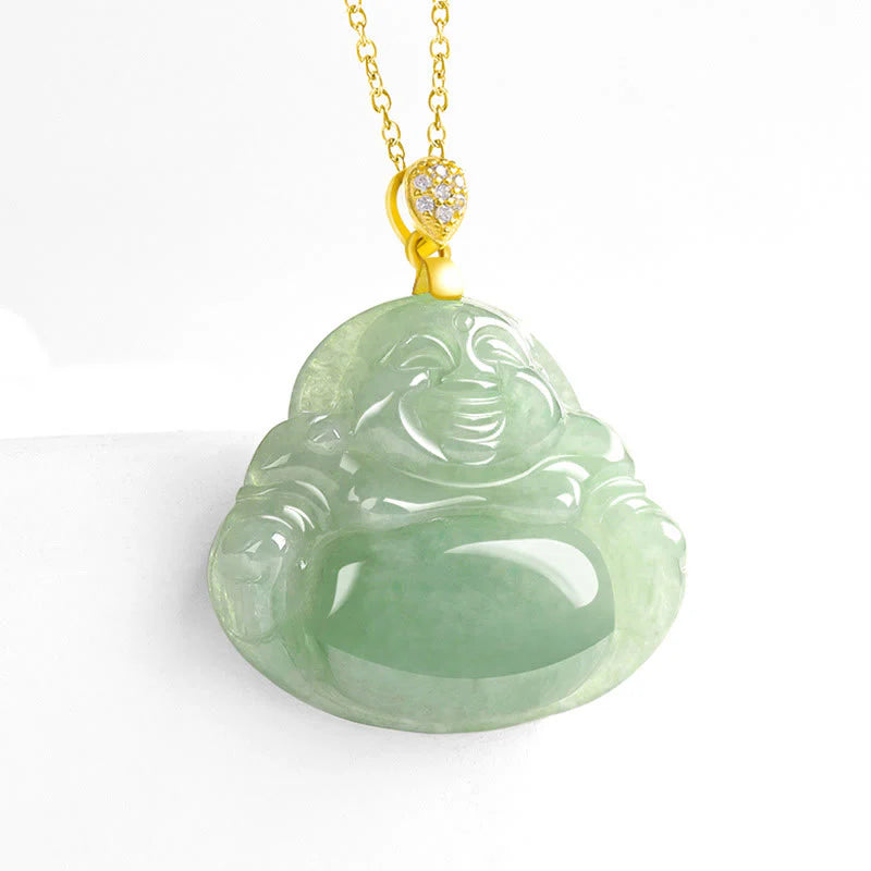 Buddha Stones Natural Jade Laughing Buddha Luck Prosperity Titanium Steel Chain Necklace Pendant