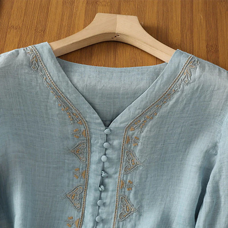 Buddha Stones Casual Embroidery Single Breasted Button Polyester Half Sleeve Women's V-neck Shirt