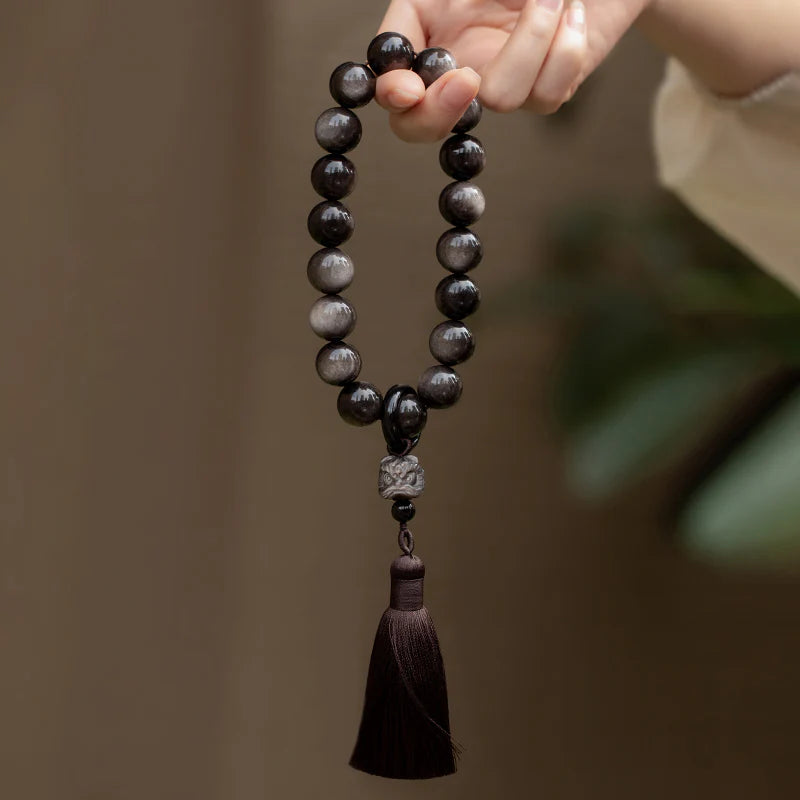 Buddha Stones Natural Silver Sheen Obsidian Black Obsidian Lion Wrist Mala Protection Tassels Pocket Mala Car Decoration