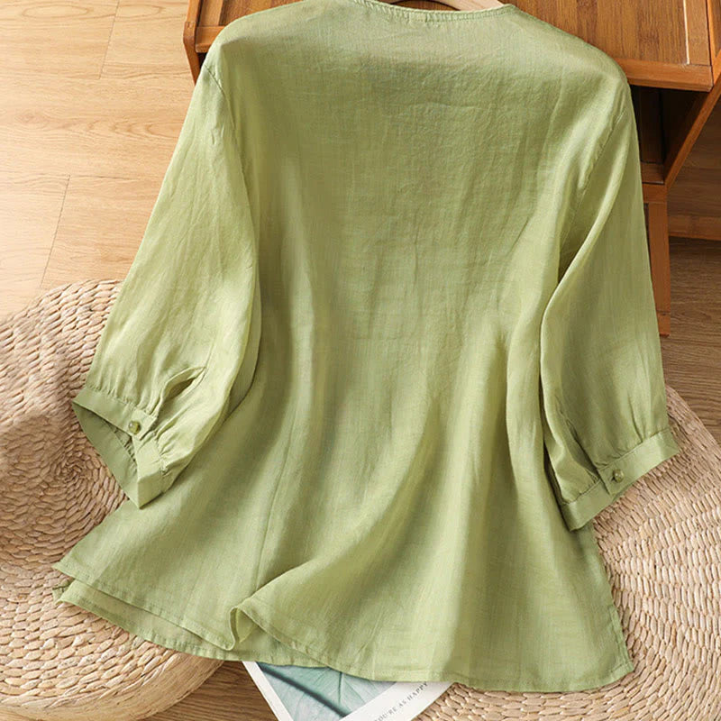 Buddha Stones Embroidered Flowers Cotton Women's V-neck Shirt