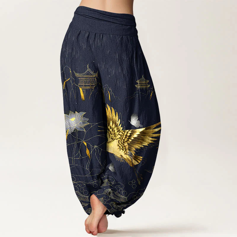 Buddha Stones Cotton Crane Lotus Mountain Pavilion Pattern Women's Elastic Waist Harem Pants