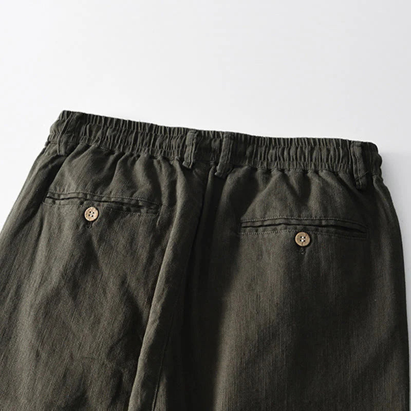 Buddha Stones Fall Solid Drawstring Zipper Men's Linen Wide Leg Pants With Pockets