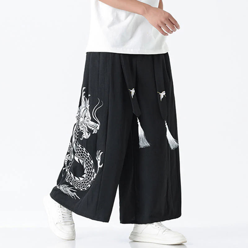 Buddha Stones Summer Dragon Drawstring Design Cotton Ankle-Length Men's Wide Leg Pants With Pockets