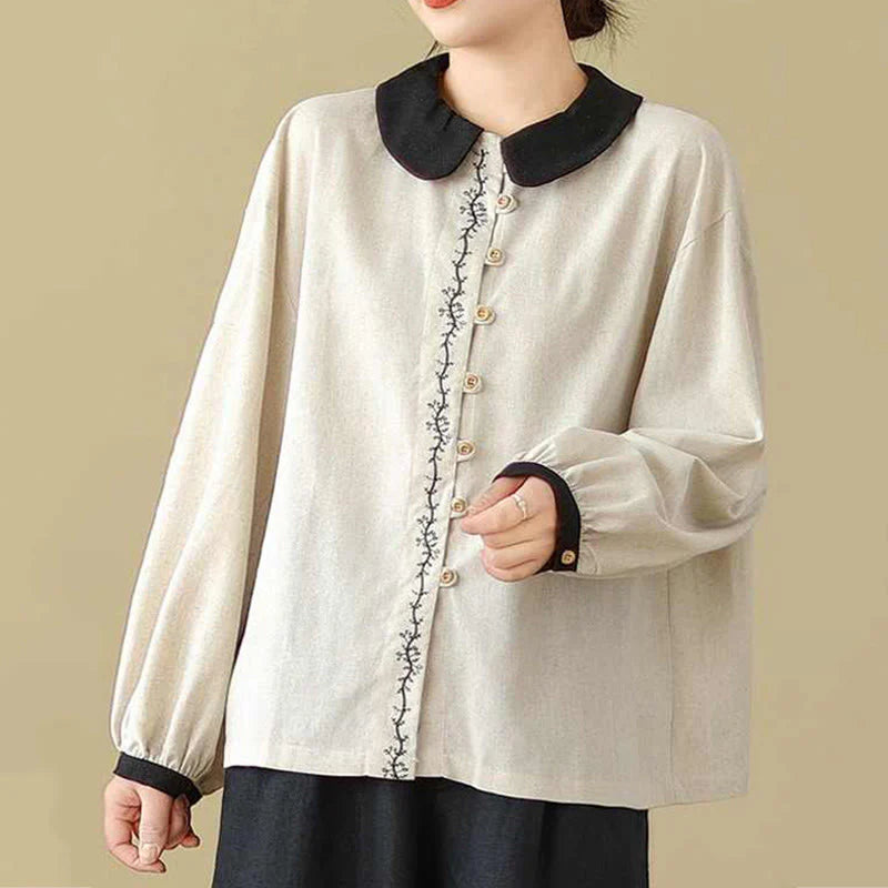 Buddha Stones Spring Embroidery Buttons Design Women's Cotton Peter Pan Collar Long Sleeve Shirt