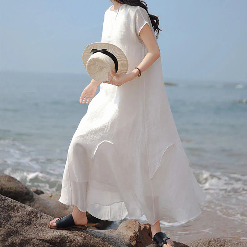 Buddha Stones Plain Irregular Hem Short Sleeve Cotton Linen Maxi Dress