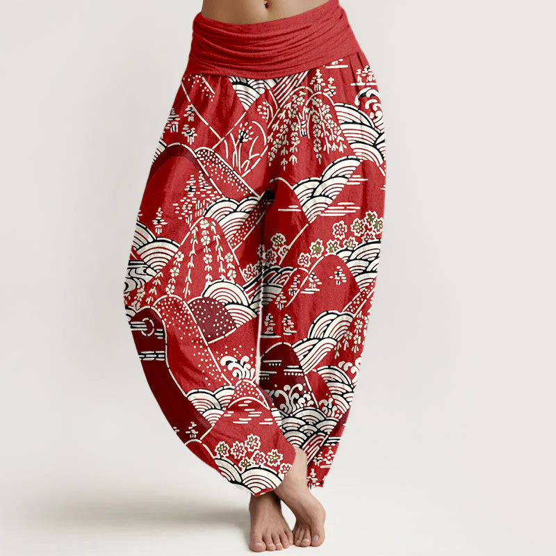 Buddha Stones Printed Mountains Waves Floral Pattern Women's Elastic Waist Harem Pure Cotton Pants