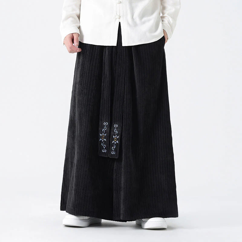 Buddha Stones Casual Embroidery Drawstring Design Men's Corduroy Wide Leg Pants With Pockets