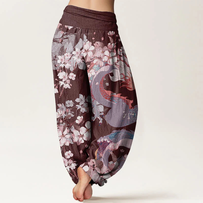 Buddha Stones Cotton Casual Dragon Cherry Blossoms Women's Elastic Waist Harem Pants