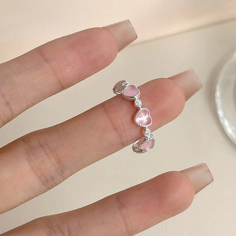Buddha Stones 925 Sterling Silver Pink Cat's Eye Heart Design Adjustable Love Ring