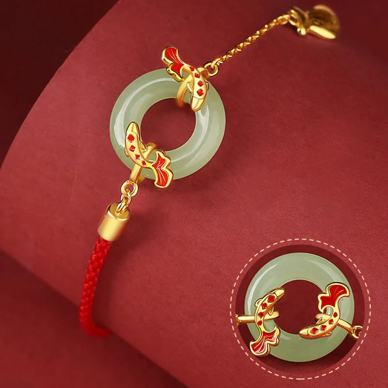 Buddha Stones 999 Sterling Silver Hetian White Jade Double Koi Fish Peace Buckle Lucky Charm Wealth Bracelet